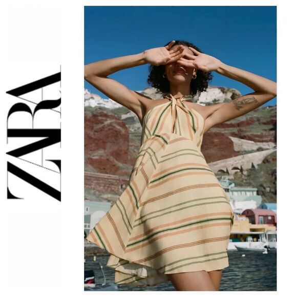 NWOT Zara Blogger’s Favorite Striped Linen Blend Wrap Halter Mini Dress, XXL - Picture 1 of 16